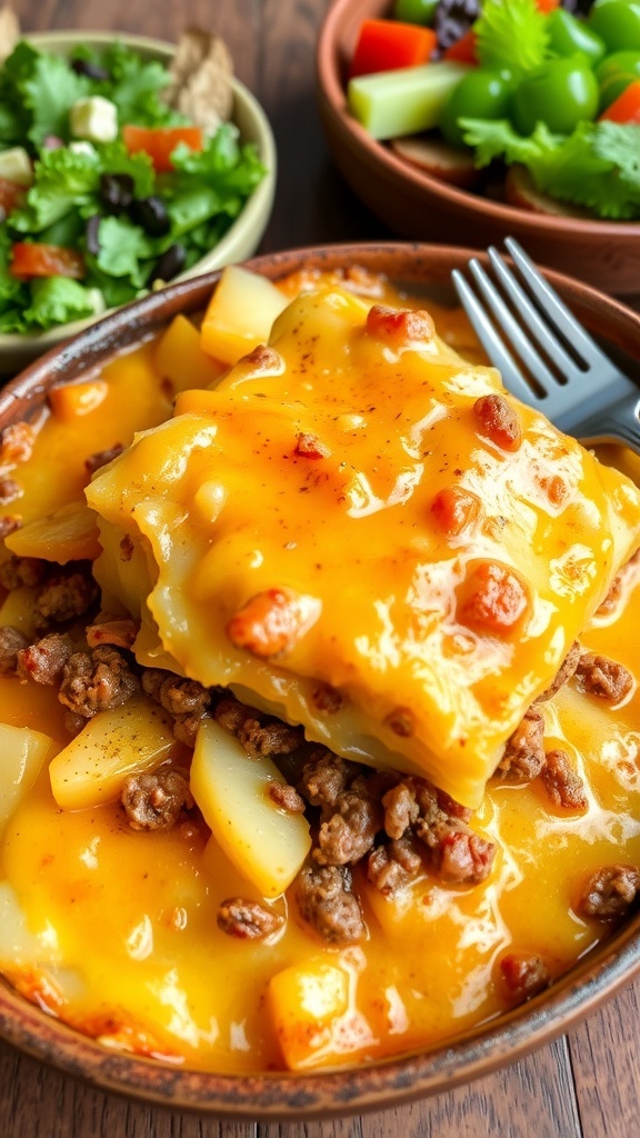 A delicious hamburger potato casserole with layers of beef, potatoes, and cheese, served on a wooden table.